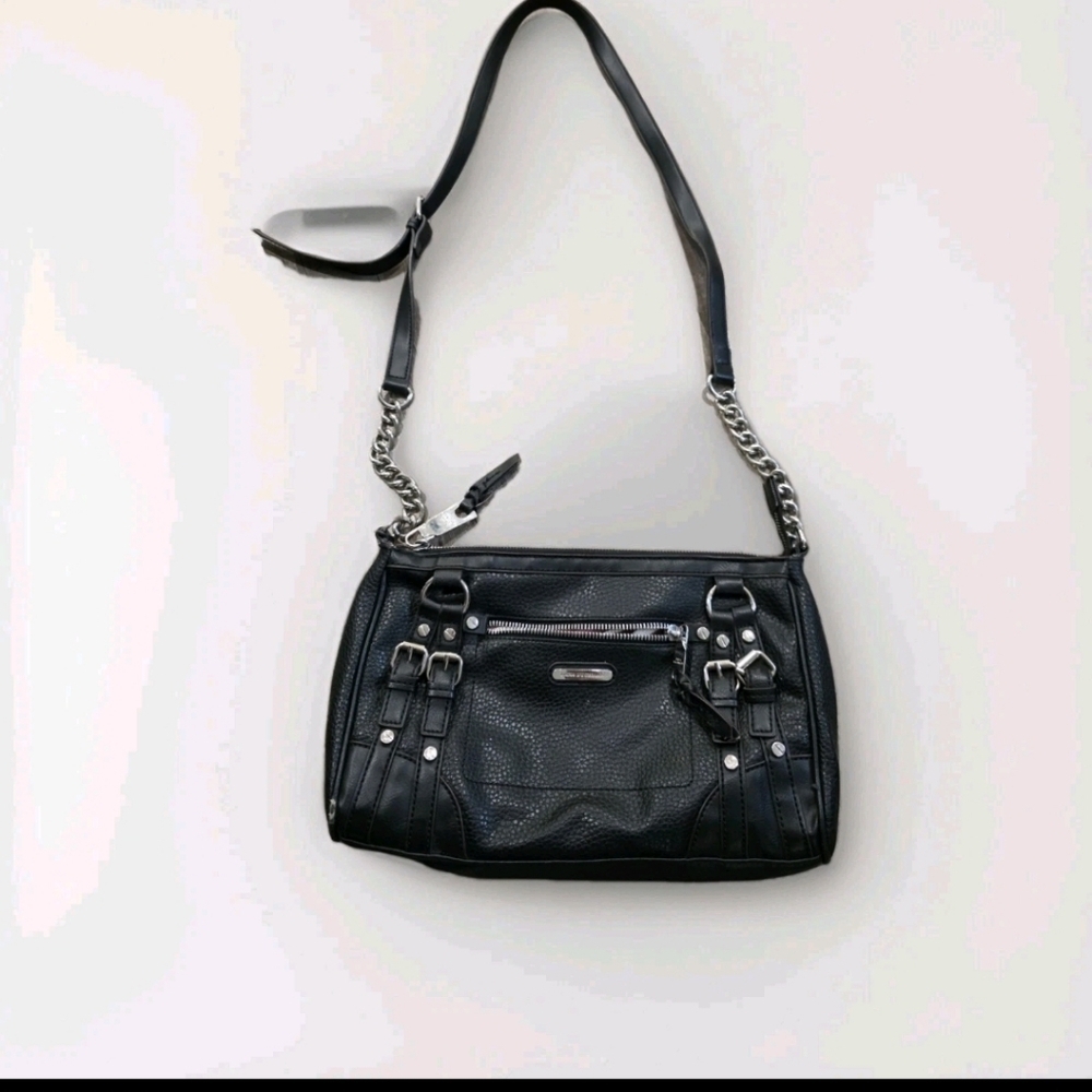 Dana Buchman Black Bikercore Buckle Studded Crossbody Shoulder Bag Faux Leather